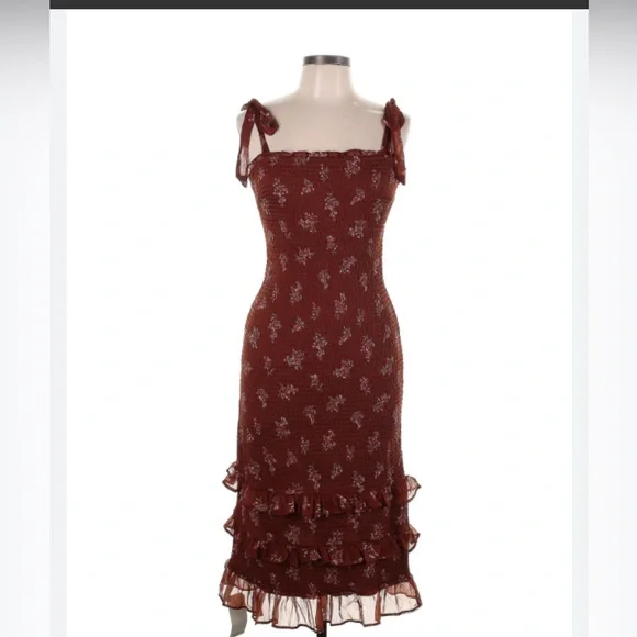 brown floral stretch dress Brick Red Short Sleeves Wrap Fit and Flare Dress with Lace Belt for Wo main image 0